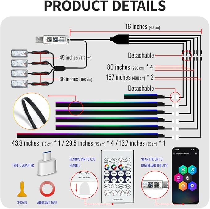 Acrylic Car Led Lights Interior, Universal RGB Ambient Lighting Car Kit,175 inch Neon Flexible Fiber Optic Led Strip Music Sync Lights,10 in 1 USB Power Dash Footwell DIY Mode