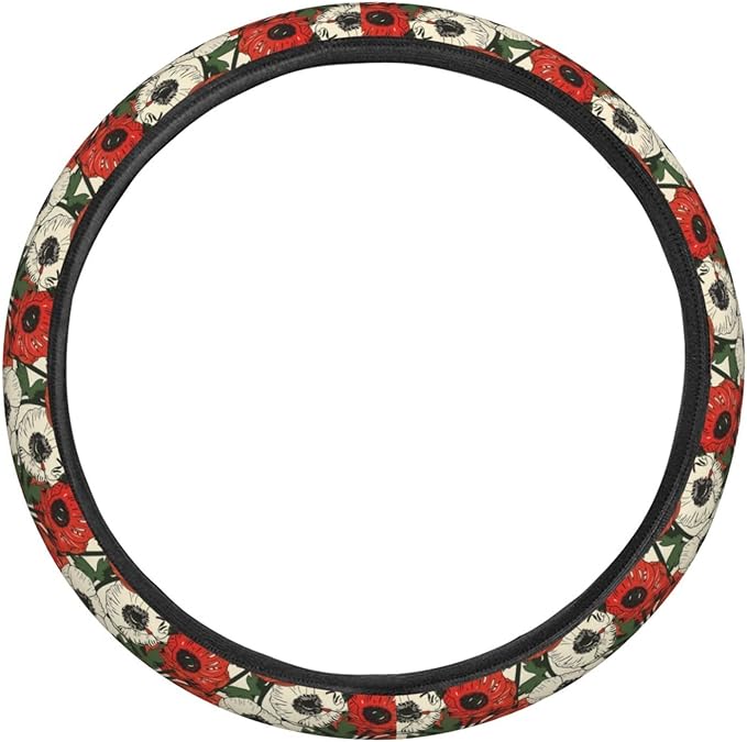 Poppy Flowers Pattern Steering Wheel Covers Anti-Slip Elasticity Car Accessories Steering Wheel Protector Universal 15 Inch for Cars SUV Vehicle Truck