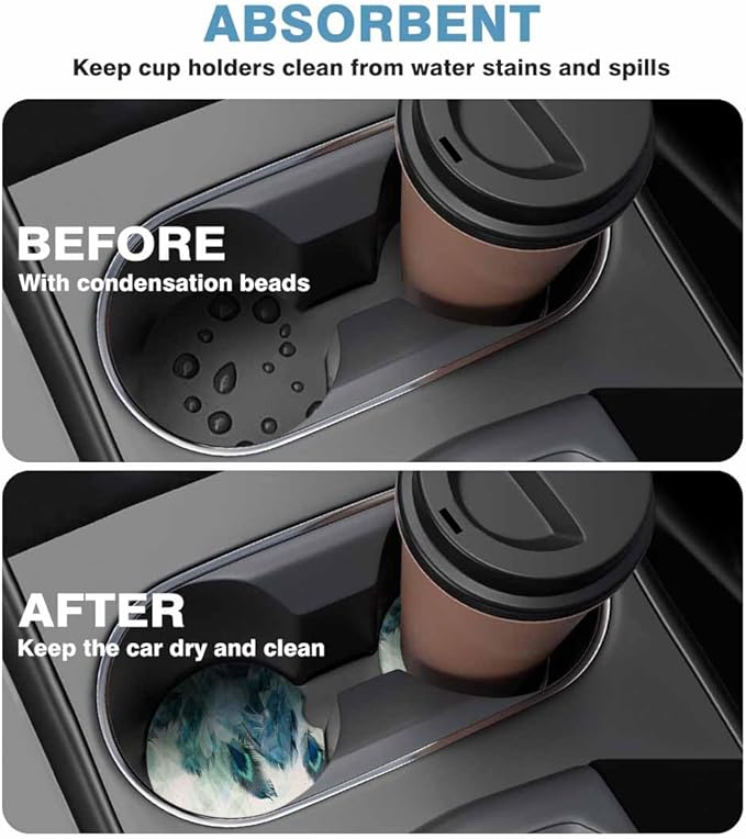 Peacock Feather Car Coasters for Cup Holders Elegance Birds Wings Car Cup Holder Coasters 2 Pack for Car, Anti Slip Ceramic Car Cup Mat with Finger Notch Cute Car Interior Accessories for Women Men