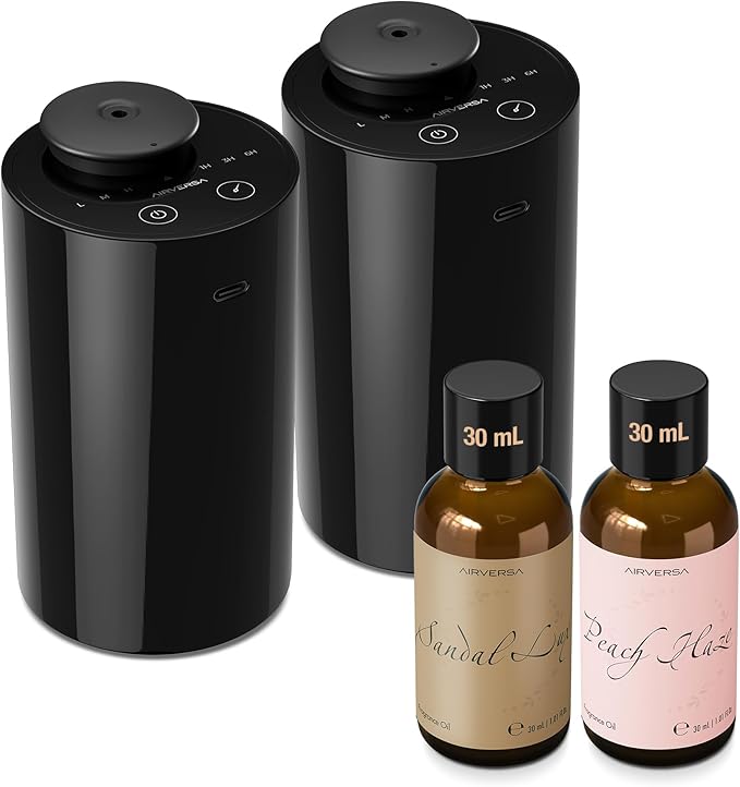 Airversa Waterless Essential Oil Diffuser Starter Kit with 2 x 30mL Fragrance Oil, Battery Operated Mini Scent Air Machine Portable Diffuser for Home Car Office Room, Black AN6 2 Packs Kit
