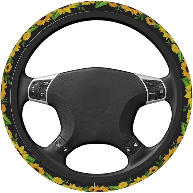 Steering Wheel Cover, Sunflowers Steering Wheel Cover for Women Men Anti-Slip Breathable and Sweat Absorption Universal 15 Inch Steering Wheel Protector Sunflowers Car Accessories