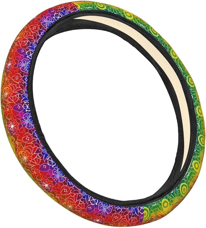 Rainbow Style Mandala Steering Wheel Covers Anti-Slip Elasticity Car Accessories Steering Wheel Protector Universal 15 Inch for Cars SUV Vehicle Truck