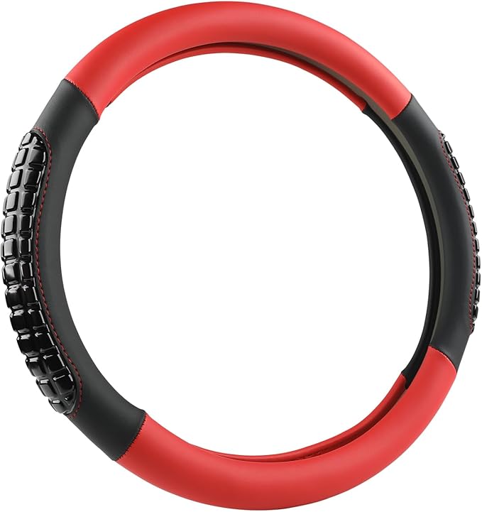 West Llama Nappa Leather Car Steering Wheel Cover Gel Massage,Cool in Summer,Universal 15 inch(Red+Black-Standard Size)