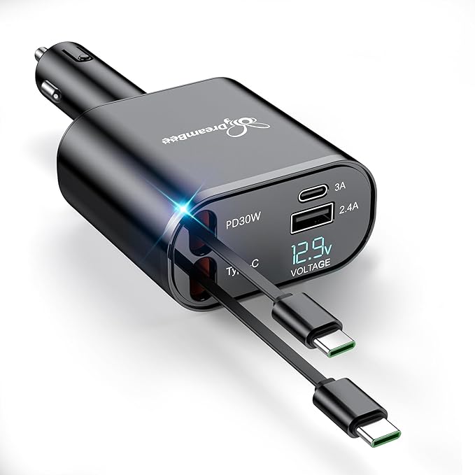 DreamBee Retractable Car Charger,66W Super Fast USB Car Phone Charger,Dual TypeC Retractable Cables Gifts for Men Women Car Truck Accessories for Samsung Galaxy S23+/S23,iPhone 17/16/15/ Pro Max, iPad