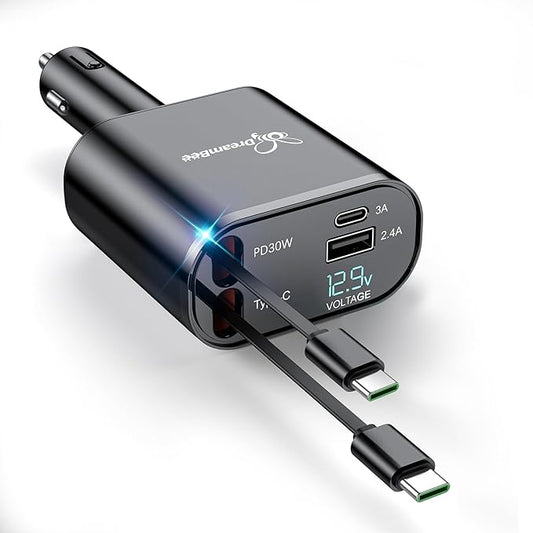 DreamBee Retractable Car Charger,66W Super Fast USB Car Phone Charger,Dual TypeC Retractable Cables Gifts for Men Women Car Truck Accessories for Samsung Galaxy S23+/S23,iPhone 17/16/15/ Pro Max, iPad