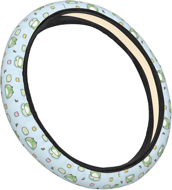 Dujiea Cute Frog Stay On Leaf Elastic Stretch Steering Wheel Cover, Anti-Slip and Durable Car Steering Wheel Accessories for Women Men, 15 Inch Universal Fit Car, Truck, SUV