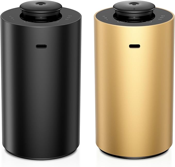 Waterless Essential Oil Diffuser for Home Aromatherapy Scent Diffusers with 3 Countdown Timer Settings or Timer-Off, 3 Mist Levels for Car Room Studio Office, Premium Metal Black and Gold 2 Pack