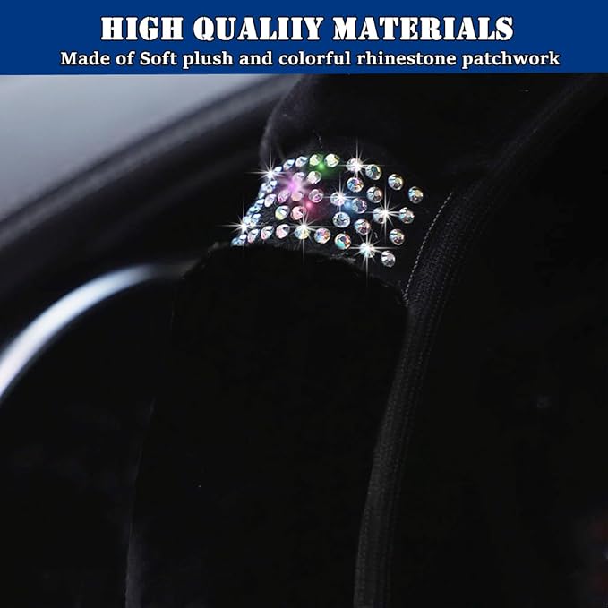 Fluffy Steering Wheel Cover, Universal 15 Inch Colorful Rhinestones Car Steering Wheel Cover, Sparkly Crystal Diamond Steering Wheel Protector for Women Girls,Black