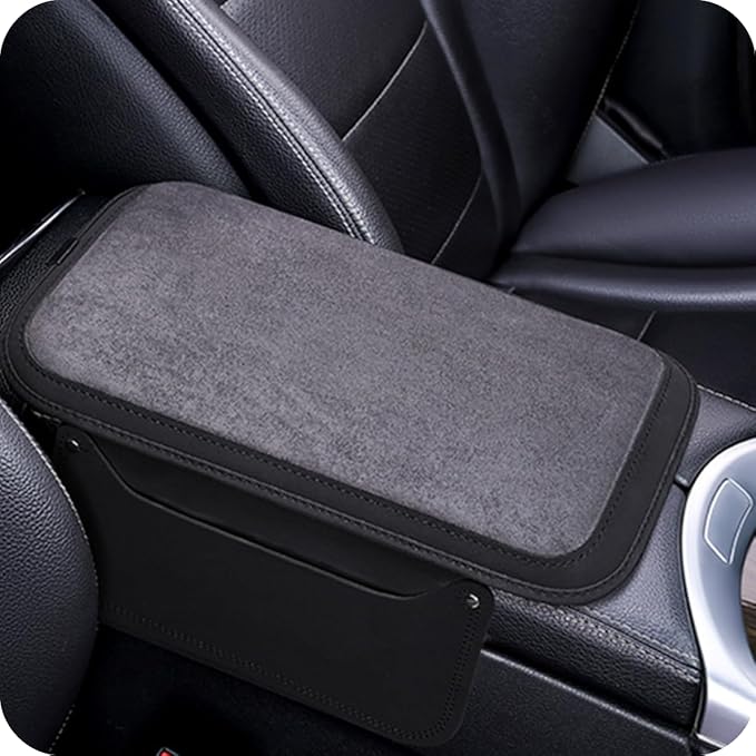Arm Rest Cover for Car with 2 Storage Bags, Central Console Cover Armrest Pad, Suede Leather, Auto Interior Accessories for Most Vehicles, All-Season Comfort, Black