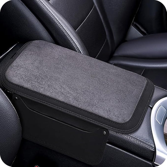 Arm Rest Cover for Car with 2 Storage Bags, Central Console Cover Armrest Pad, Suede Leather, Auto Interior Accessories for Most Vehicles, All-Season Comfort, Black