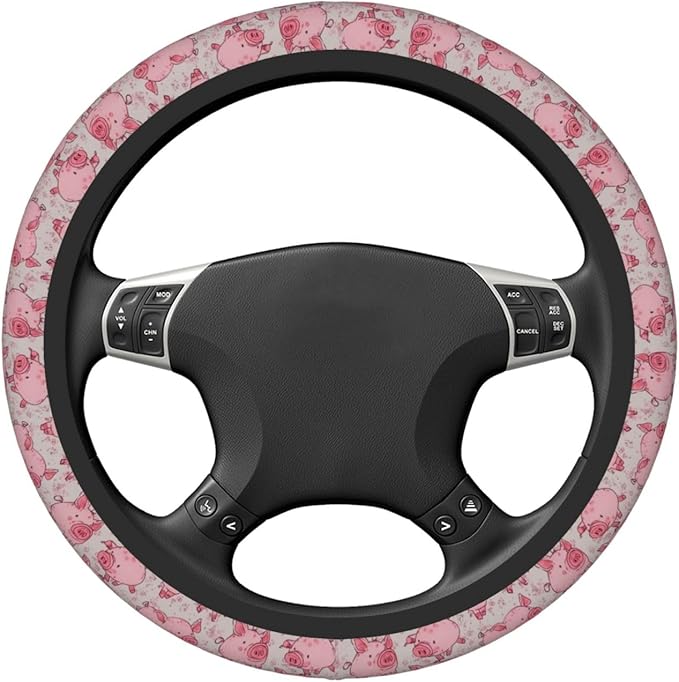 Pink Cartoon Pigs Steering Wheel Cover for Women Girls, 15 Inches Anti-Slip Steering Wheel Cover for Auto Truck SUV