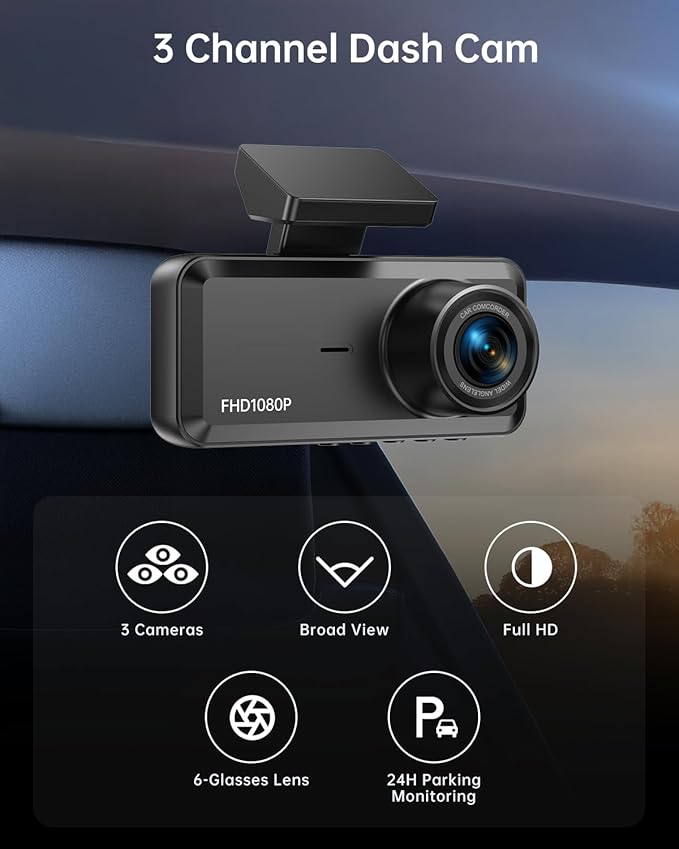 3 Channel Dash Cam Front and Rear, 1080P Dash Camera for Cars, Dashcam Three Way Triple Car Camera with IR Night Vision, Loop Recording, G-Sensor, HDR, 24 Hours Recording