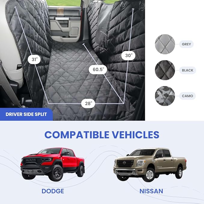 4Knines Dog Floor Hammock for Truck & Crew Cab with Fold Up Seats – Back Seat Pet Cover for Dogs – Compatible with Ram and Nissan Full Size Trucks (Driver Side Split, Camo)