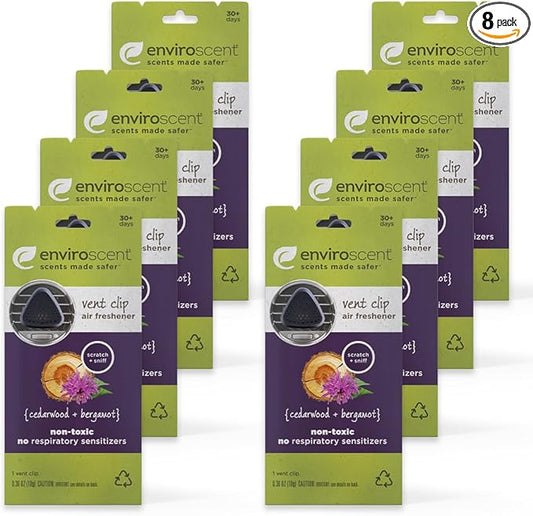 Enviroscent Non-Toxic Car Vent Clip | Single Use Car Air Freshener | Car Scent Lasting Over 30 Days Each, 8 Count (Cedarwood & Bergamot)