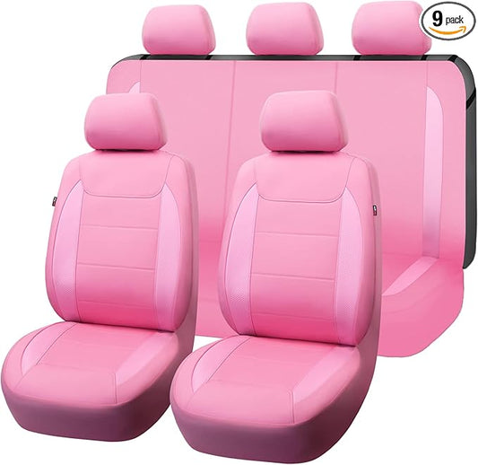 Flying Banner car seat Covers Protects Water Proof Faux Leather Carbon Fiber Fronts Rear Bench Covers (Pink Pink, Full Set - 8PCS)