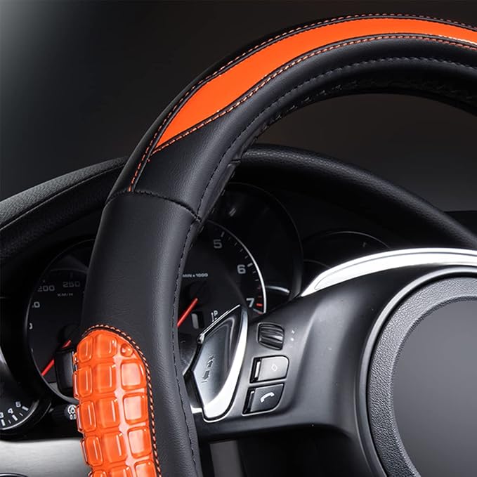 Flying Banner car Steering Wheel Cover Gel Massage Velvet Cool Warm Universal Size 15 inches SUV Truck Anti Slip Odorless Summer Winter (Black Orange, Gel Massage)