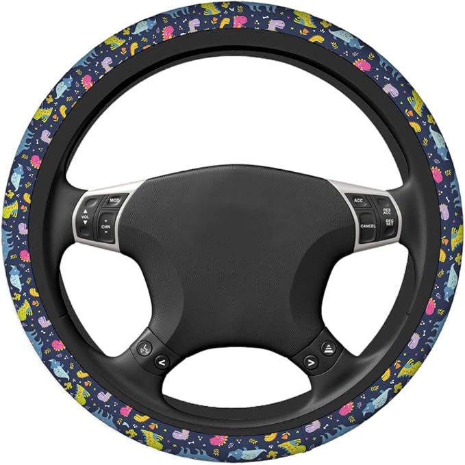 Swono Dinosaurs Cute Steering Wheel Cover Universal 15 Inch Cartoon Cute Dinosaurs with Rainbow Neoprene Car Steering Wheel Covers Stretchy Car Accessories for Women