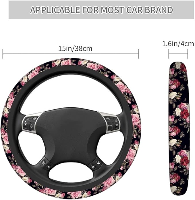 Swono Roses Car Steering Wheel Cover,Watercolor Floral Rose Peony Safe Driving Anti-Slip Steering Wheel Covers Steering Wheel Protection Case No Smell Universal 15 Inch