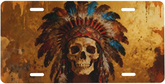 Native American Skull Feathered Hat Front License Plate Car Decorative License Plates Aluminum Metal Decor Accessory Novelty Vanity Tag Cover with 4 Holes for Men Women 6" X 12"