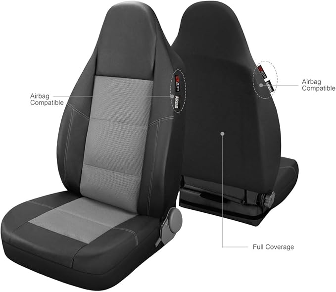 P&J AUTO Leather and Mesh High Back Car Seat Cover Full Set Integrated Bucket Seat Airbag Compatible (Grey)
