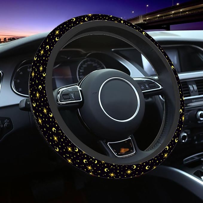 Sun Stars and Moon Elastic Steering Wheel Cover Night Sky on Black Background Steering Wheel Cover Anti Slip Protective Case Universal Stretch Steering Protector