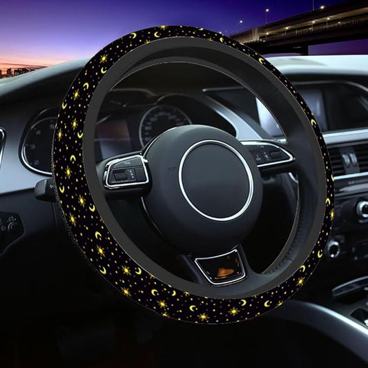Sun Stars and Moon Elastic Steering Wheel Cover Night Sky on Black Background Steering Wheel Cover Anti Slip Protective Case Universal Stretch Steering Protector