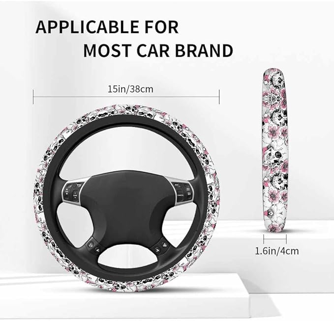 Skull and Flowers Car Steering Wheel Cover Pink Cherry Blossom Steering Wheel Cover Car Decor Suitable for Most Vehicles Including Trucks and SUV