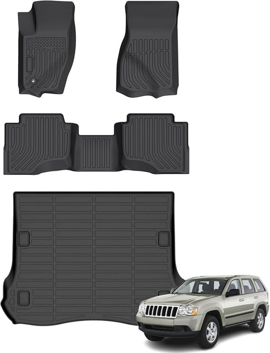 Floor Mats & Cargo Liner for Jeep Grand Cherokee 2005-2010, All Weather Automotive TPE Floor Liners Set Waterproof Accessories Black