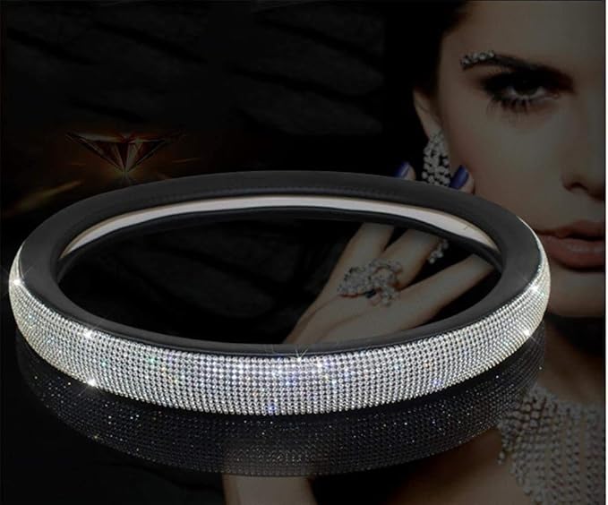 Diamond Leather Steering Wheel Cover with Bling Bling Crystal Rhinestones,Large-Size of 15 1/2 inches-16 inches Black