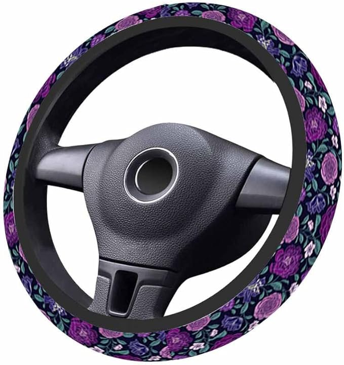 Peony Car Steering Wheel Cover Purple Flowers and Green Leaves Steering Wheel Cover Car Decor Suitable for Most Vehicles Including Trucks and SUV