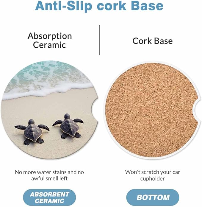Sea Turtles 2 Pack Car Cup Holder Coaster on The Beach Anti Slip Insert Absorbent Ceramic Car Coaster with Cork Base and Finger Notch Cute Car Accessories Interior for Women Men