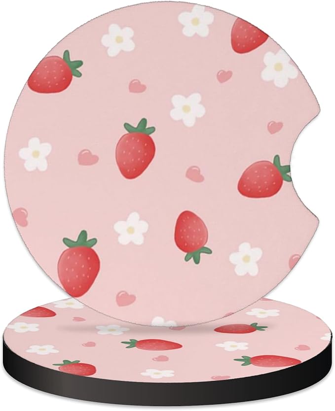 2 Pcs Car Cup Coasters, Cute Strawberry Universal Non-Slip Rubber Car Coasters for Cup Holders 2.75 inch, Car Interior Accessories for Women