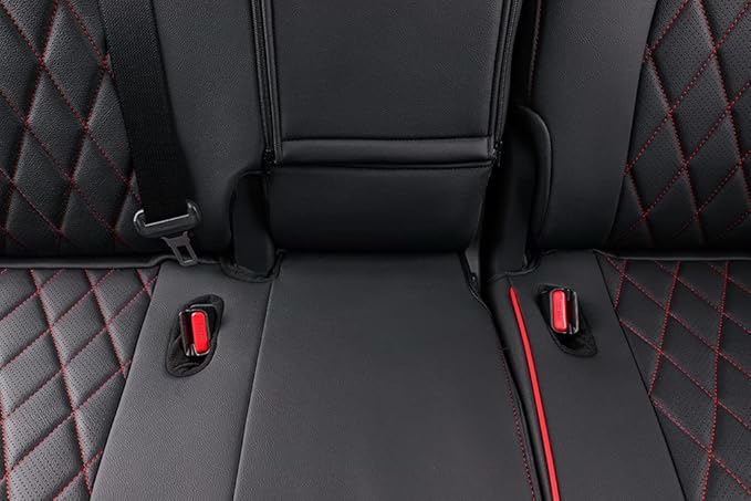 EKR Highlander Seat Covers for Toyota Highlander 2014 2015 2016 2017 2018 2019,2nd Row 40/60 Split,Car Seat Protectors for Trucks,Leather Car Seat Cover Full Set-Faux Leather(Black with Red Trim)