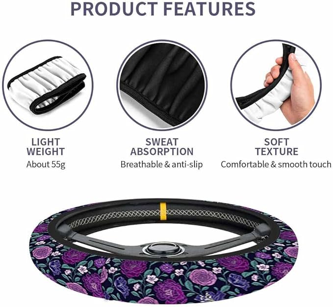 Peony Car Steering Wheel Cover Purple Flowers and Green Leaves Steering Wheel Cover Car Decor Suitable for Most Vehicles Including Trucks and SUV