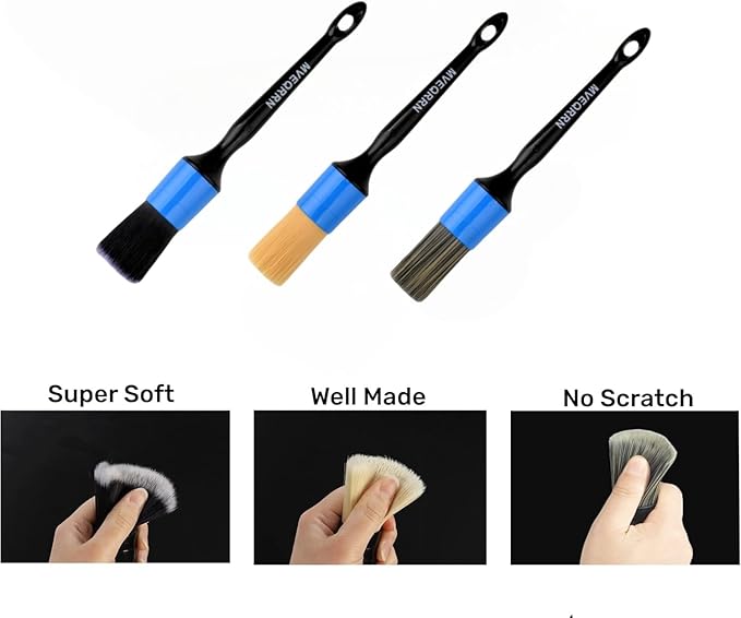 3pcs Car Detailing Brush Set-1pcs Boars Hair Car Detailing Brushes,1pcs Ultra Soft No Scratch Detailing Brush for Air Vent,Leather Seat 1pcs auto Detail Brushes for Interior Exterior(Blue)