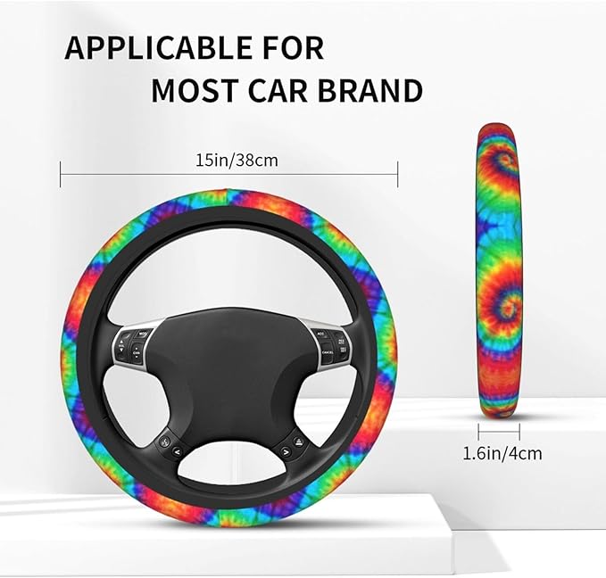 Tie Dye Steering Wheel Cover with 2 Car Coasters Non Slip Neoprene for Women Men Universal 15 Inch