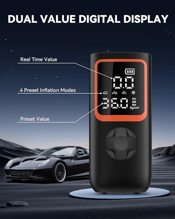 Tire Inflator Portable Air Compressor - 150PSI Cordless Air Pump for Car Tires with Pressure Gauge & LED Light, 3X Faster Inflation Electric Air Compressor for Car Bikes, Motorcycle, Ball