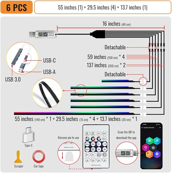 Acrylic Ambient Lighting Car Interior, 6 in 1 Dream Color Acrylic Led Strips Fiber Optic Lights with APP USB Hub, 16 Million Colors 187 Inches Flexible Neon Music Sync Emotion Glow Light for Car Dash