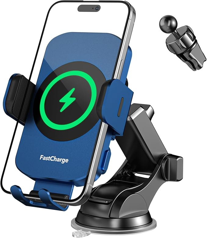 Wireless Car Charger, Fast Charging 15W Auto Clamping Car Charger Phone Holder Phone Mount for iPhone17 16 15 14 13 12 11 Pro Max Xs, Samsung Galaxy S23 Ultra S22 S21 S20 S10+ Note 9, etc(Blue)