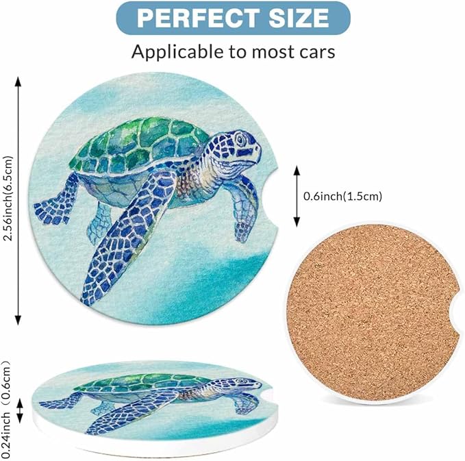 Sea Turtle Car Coasters for Cup Holders Ocean Wildlife Animals Car Cup Holder Coasters 2 Pack for Car, Anti Slip Ceramic Car Cup Mat with Finger Notch Cute Car Interior Accessories for Women Men