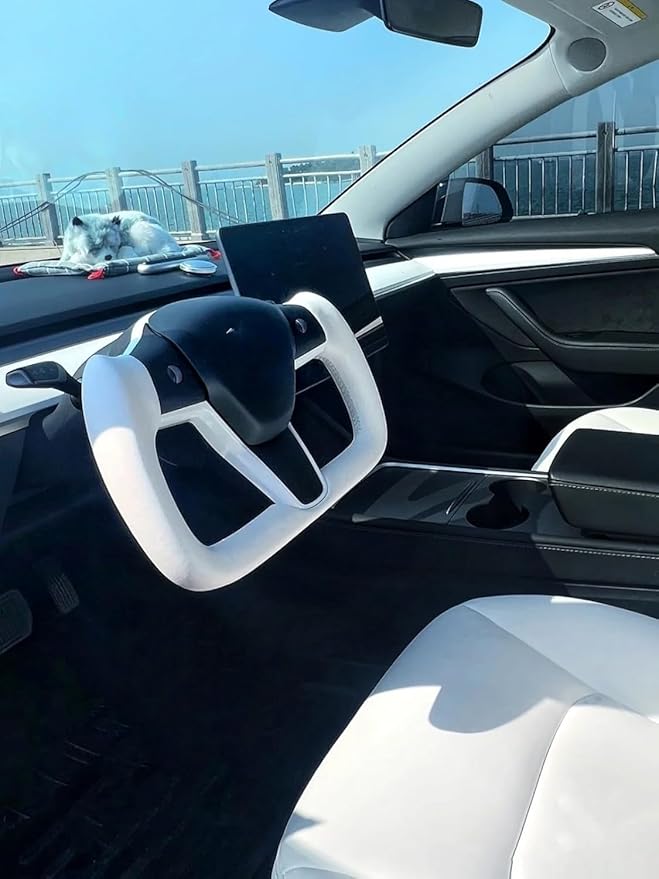 ZIMABLUE Yoke Steering Wheel Personalized Yoke Steering Wheel Suede Leather without Front Trim for Tesla Model 3 2017-2023, Model Y 2019-2024 With Heating Function