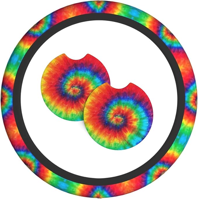 Tie Dye Steering Wheel Cover with 2 Car Coasters Non Slip Neoprene for Women Men Universal 15 Inch