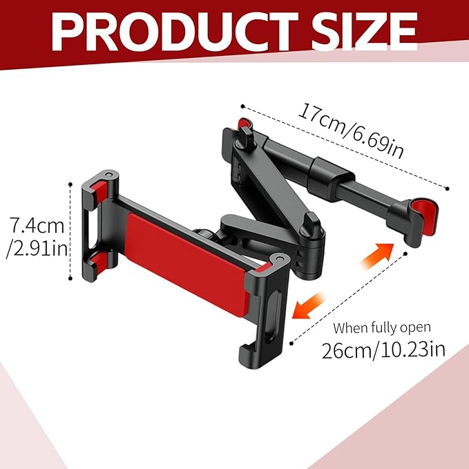 2 Pack Car Headrest Tablet Holder, Foldable Backseat Mount for iPad & Phones, 360° Rotating Adjustable Car Tablet Stand for 6.3-18.4" Devices, Black & Red