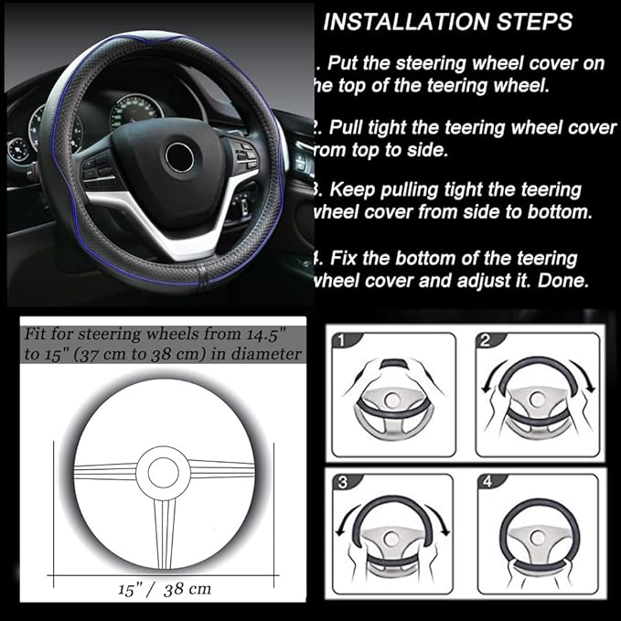 Rueesh Microfiber Leather Steering Wheel Cover Anti-Slip Matte Finish Auto Car Wheel Cover Universal 15 Inch Wheel Cover for Car Embossing Pattern Blue Line