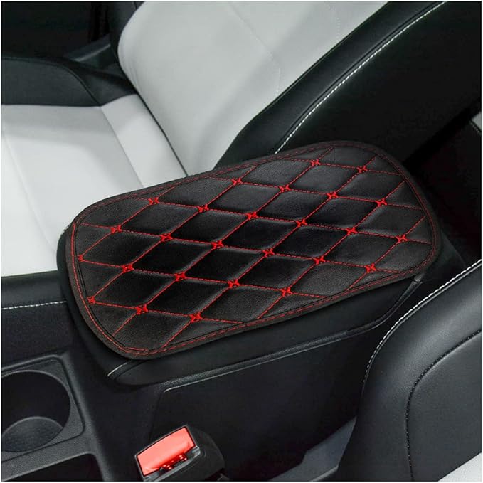 Auto Center Console Pad, PU Leather Car Center Console Box Cushion, Non Slip Soft Armrest Seat Box Cover, Waterproof Vehicle Armrest Protector for SUV, Truck, Car (Rhombic Lattice Black/Red)