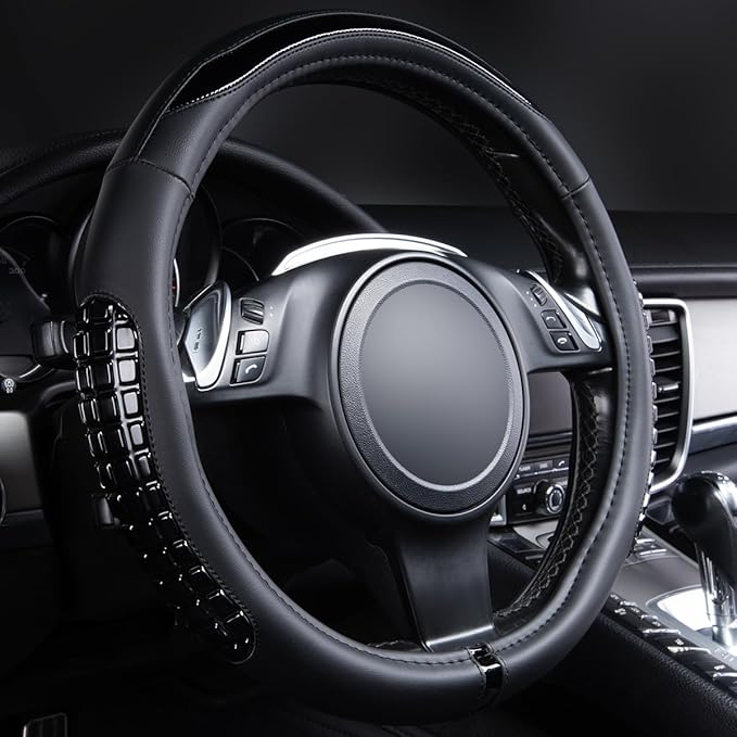 Flying Banner car Steering Wheel Cover Gel Massage Velvet Cool Warm Universal Size 15 inches SUV Truck Anti Slip Odorless Summer Winter (Black Black, Gel Massage)