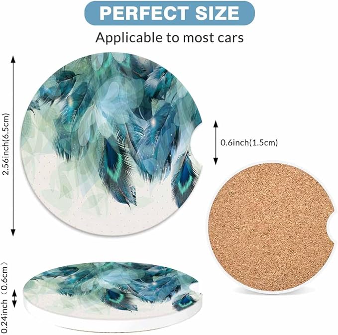 Peacock Feather Car Coasters for Cup Holders Elegance Birds Wings Car Cup Holder Coasters 2 Pack for Car, Anti Slip Ceramic Car Cup Mat with Finger Notch Cute Car Interior Accessories for Women Men