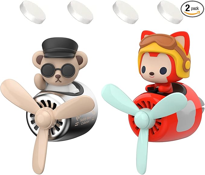 2 Pieces Car Air Fresheners, Cute Bear Pilot Car Diffuser, Propeller Air Outlet Vent Fresheners, Suitable for Automotive Interior Decoration (Red+Silver)