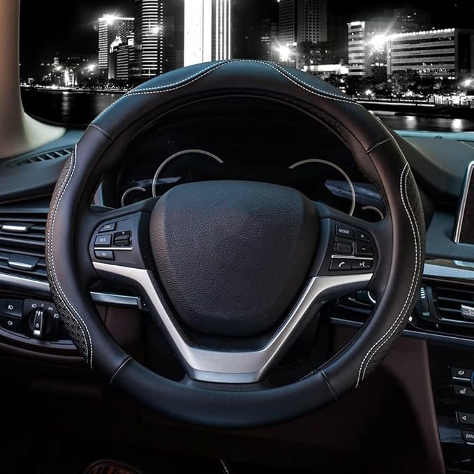 Valleycomfy Leather Steering Wheel Covers Universal 15.75 inch -Breathable, Anti Slip & Odor Free (Black with White Lines,L(15" 1/2-16"))