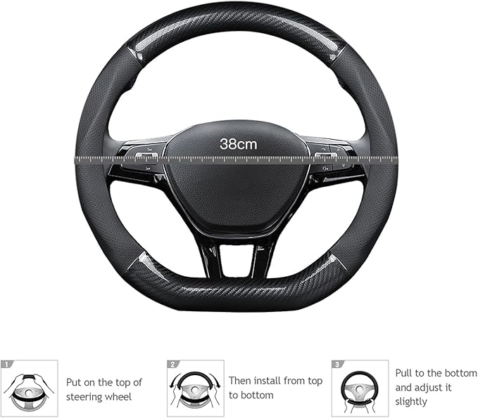 Ergocar Car Steering Wheel Cover Non-Slip Car Steering Wheel Protector Sport D-Shape Carbon Fiber & PU Leather Universal for Diameter 38cm(15") (Black-red-Stripe-U)